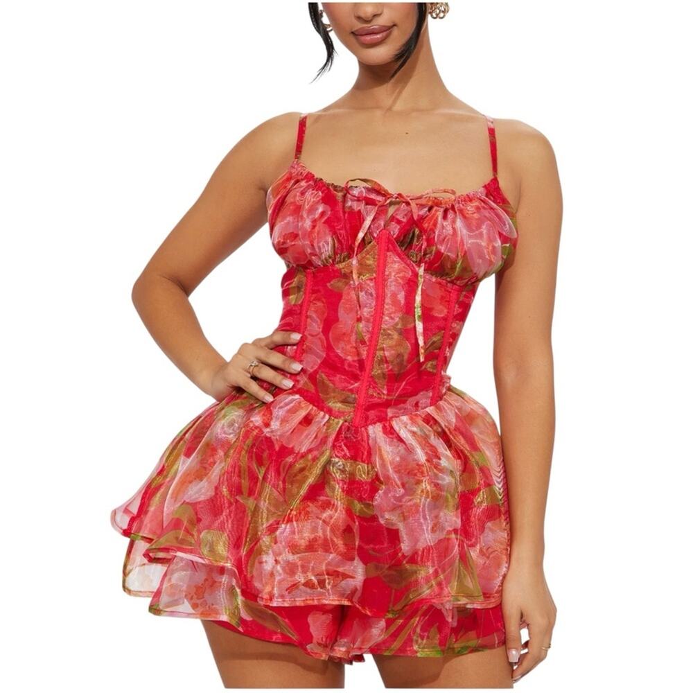 NWT Fashion Nova Watch Me Blossom Floral Red Organza Floral Romper XL